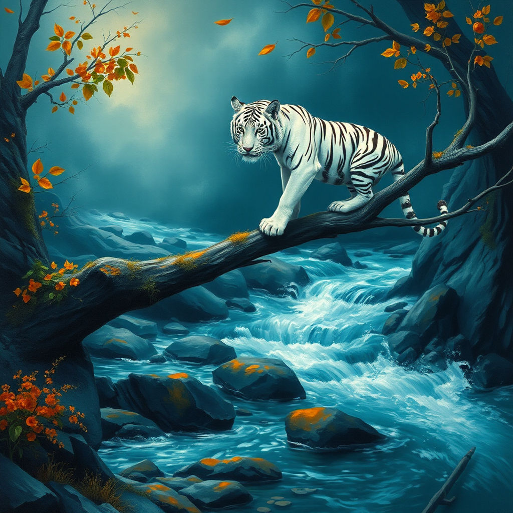 White tiger perched onto a branch