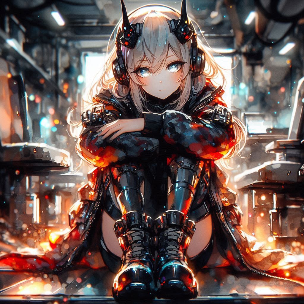 Fire cyber anime woman