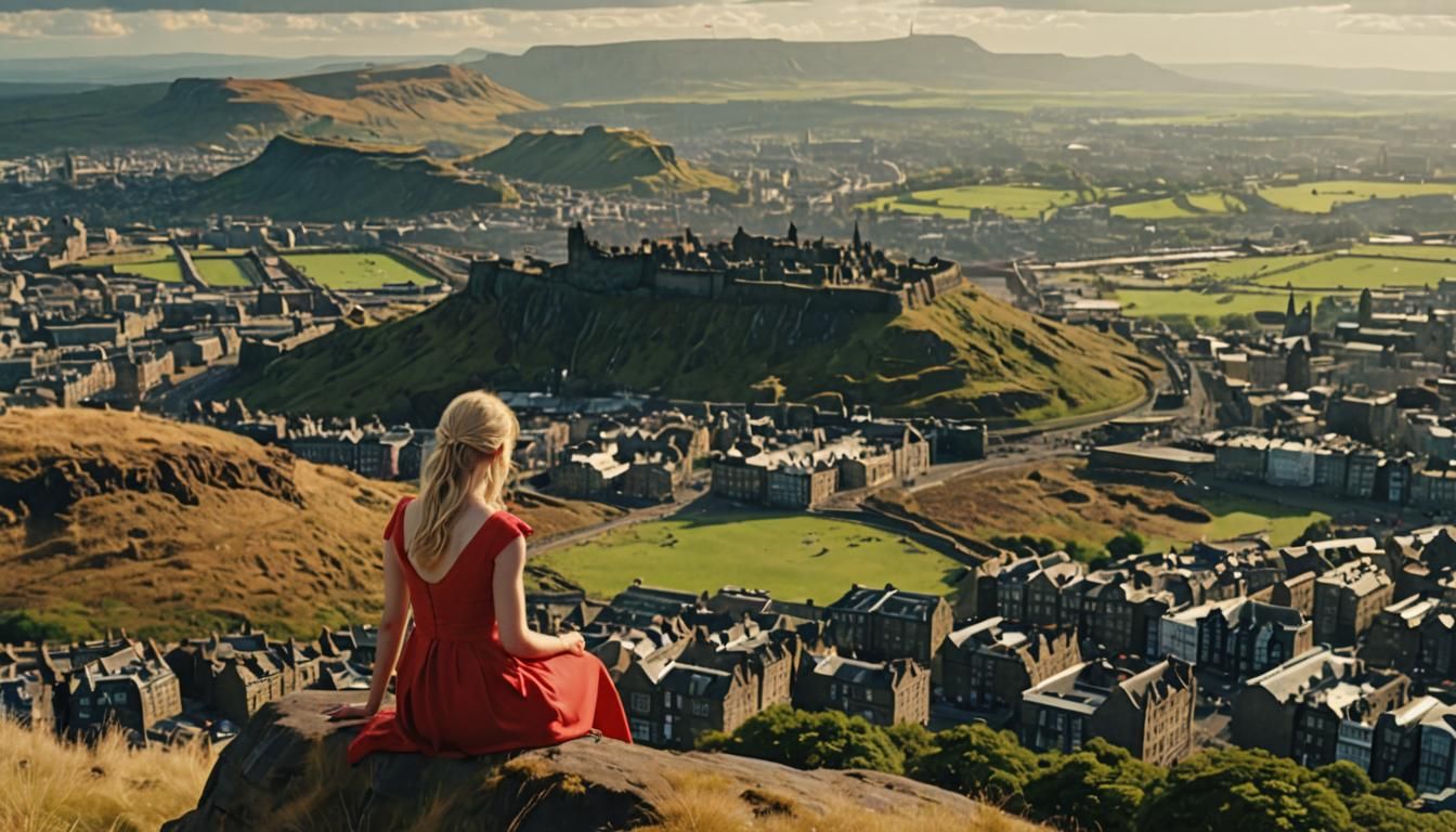 The blond tall female university student in the red dress sat on the top of Arthur’s Seat in Edinburgh In the bright afternoon sunshine , sa...
