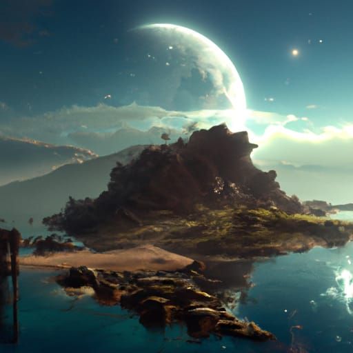 The Milky way and moon over a deserted island..