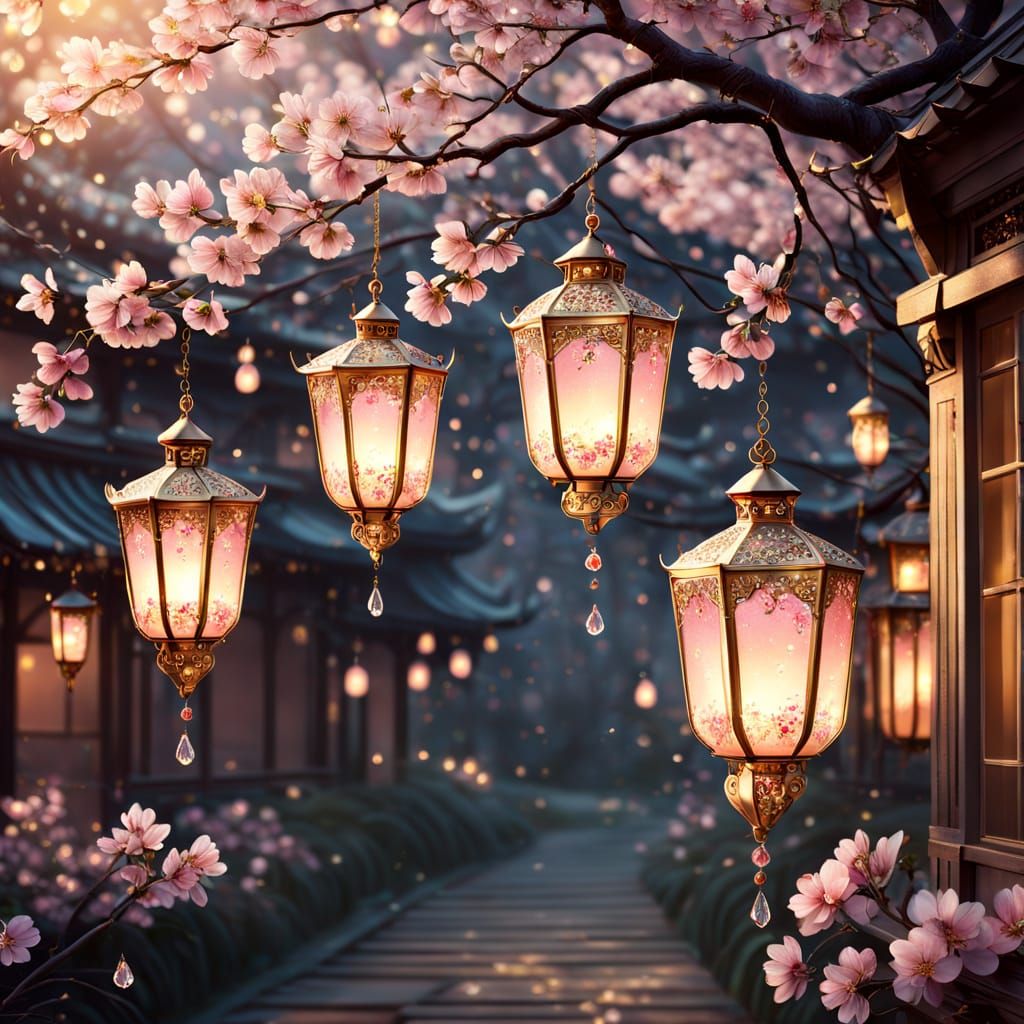 
“Elegant vintage lanterns hanging from blooming cherry blossom branches, glowing softly with warm golden light. Intricate metallic designs ...