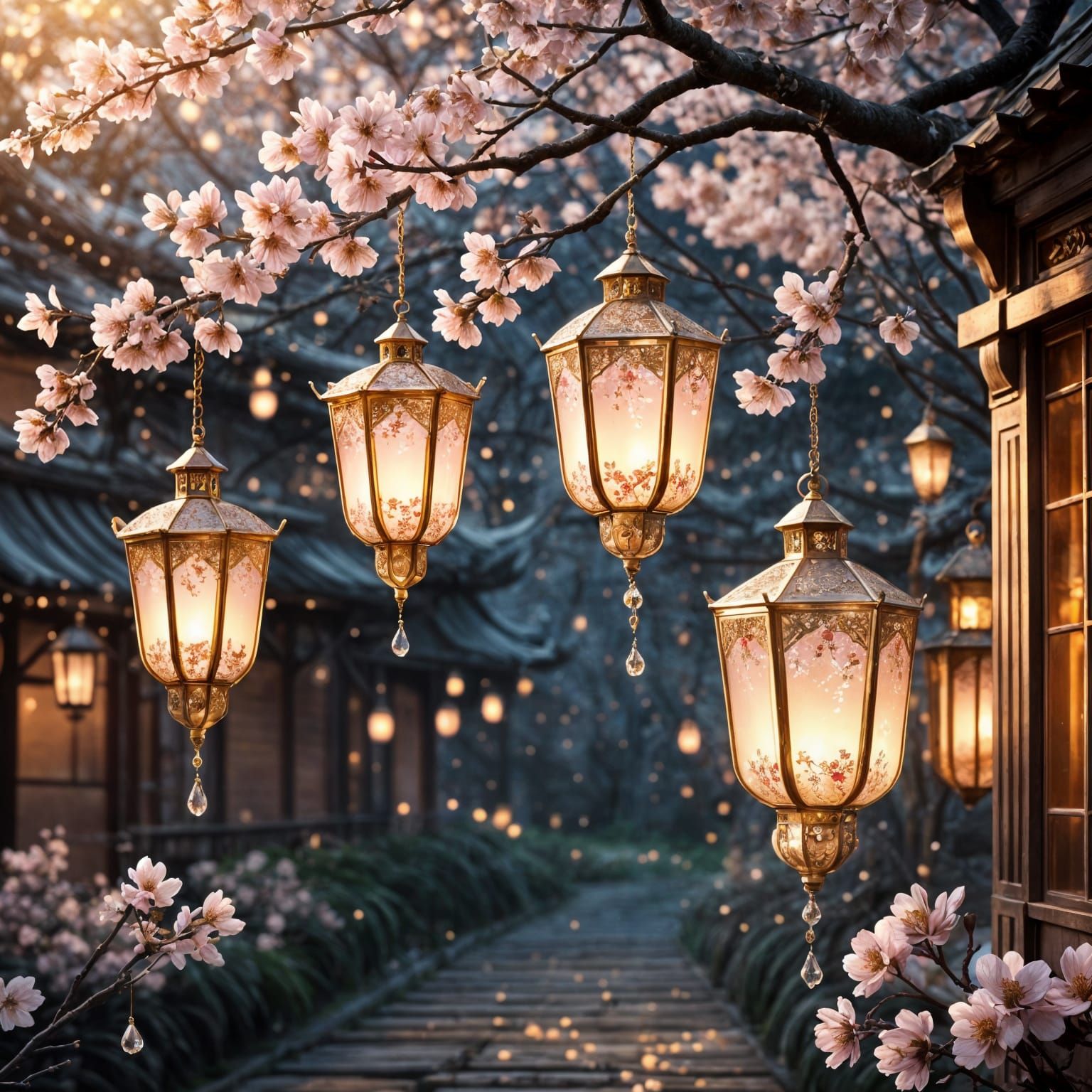 “Elegant vintage lanterns hanging from blooming cherry blossom branches, glowing softly with warm golden ...  by @Minahal 