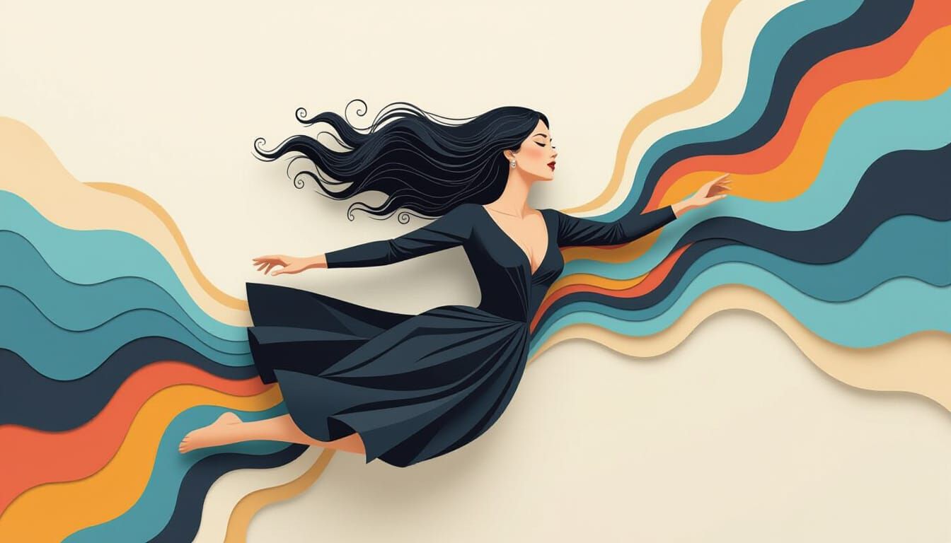 Surrealist melting digital mixed media illustration. A woman is floating into a surreal plane. Paper-cut, folded, origami, blends with the b...