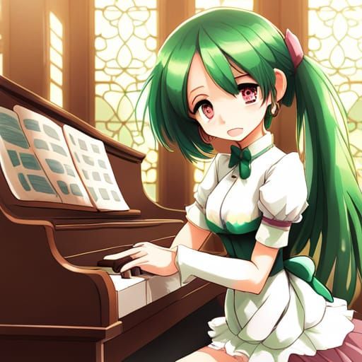 An anime girl with green hair wearing a maid dress dusting a piano AI Generated Artwork