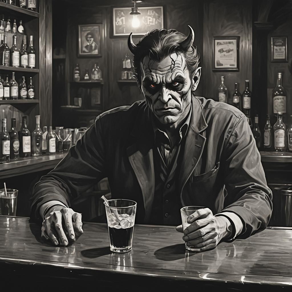 "A sombre horror scene. A weary, sad man sits alone at a bar...