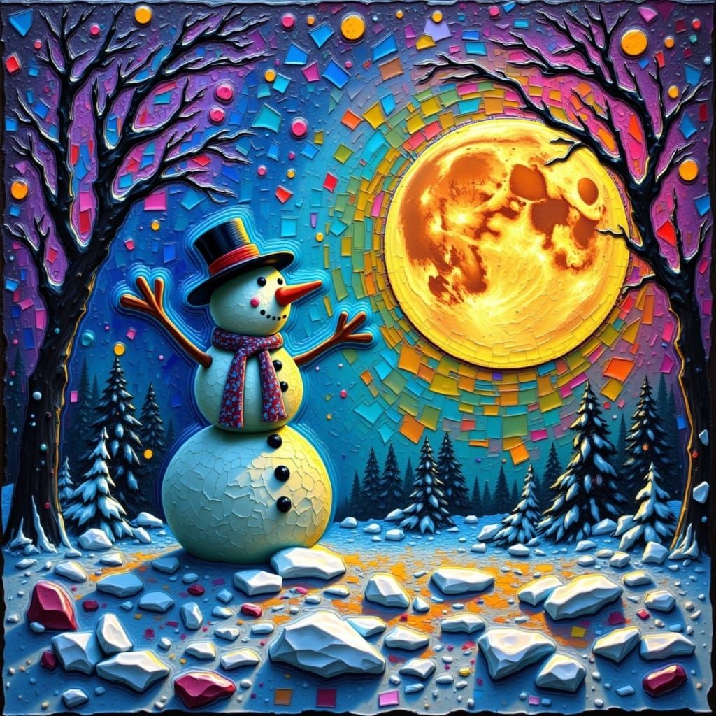  <lora:Colorful Encaustic 1:1.0> silhouette of a snowman and a moon that is covered in mosaic stones. trippy colorful but nighttime. 