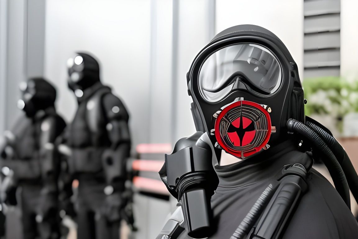 Black tactical gear with black gas mask