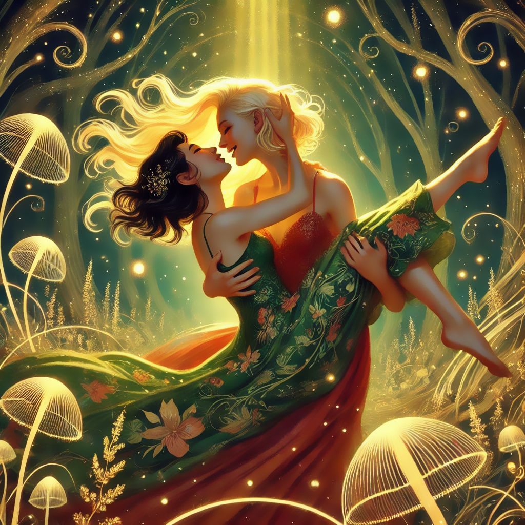 Holding kiss in ethereal forest