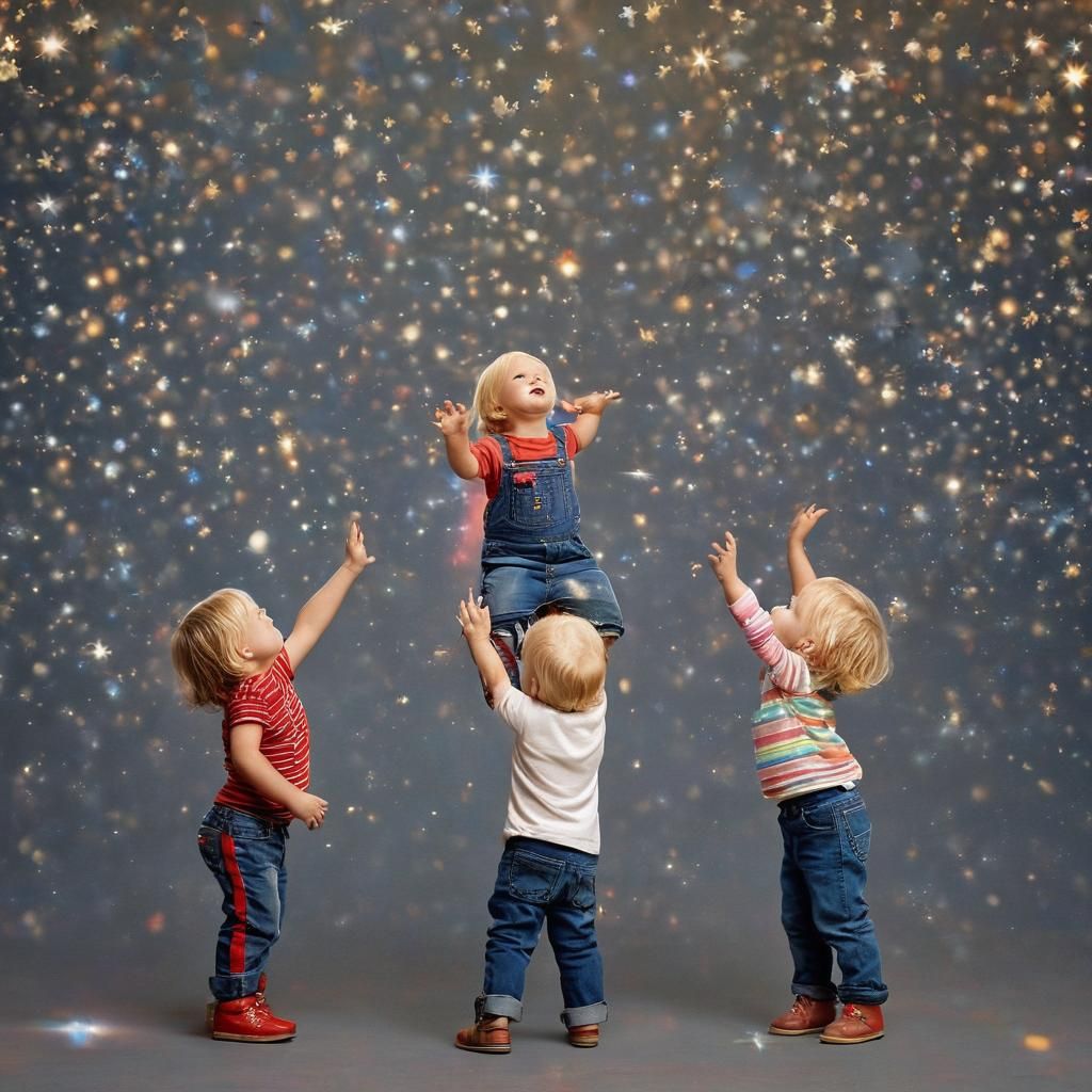Toddlers Touching Stars: Magical Realism Portrait