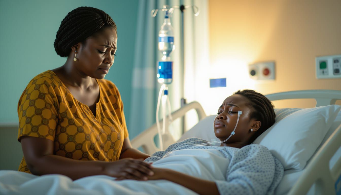 “Hospital room. Chinenye’s mother, early 60s, standing beside the bed, watching helplessly with tears streaming down her face. Expression fu...