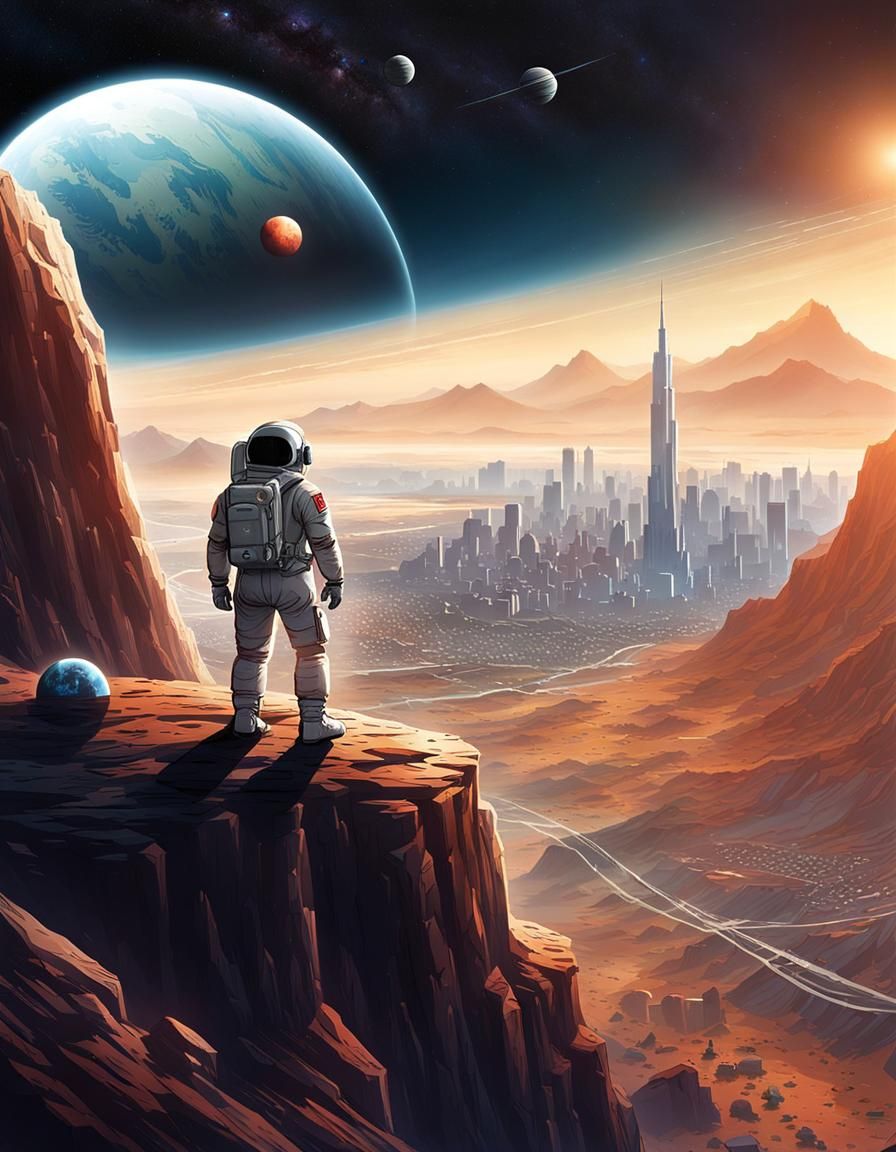 Astronaut's Discovery: Alien Cityscape on Distant Planet
