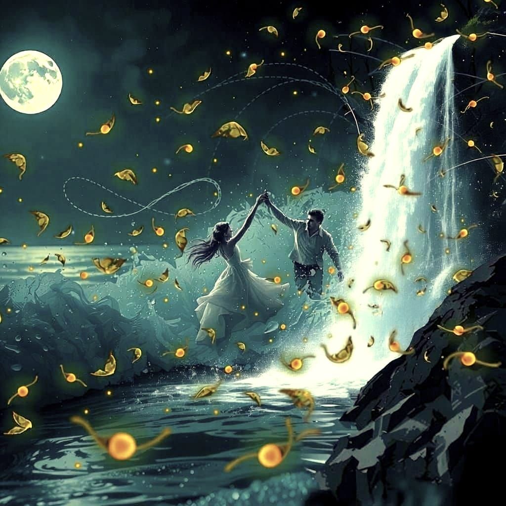 a man and woman dance around in soft, ethereal moonlight by the serene autumnal waterfall, enhancing the light effect of the tumbling waters...