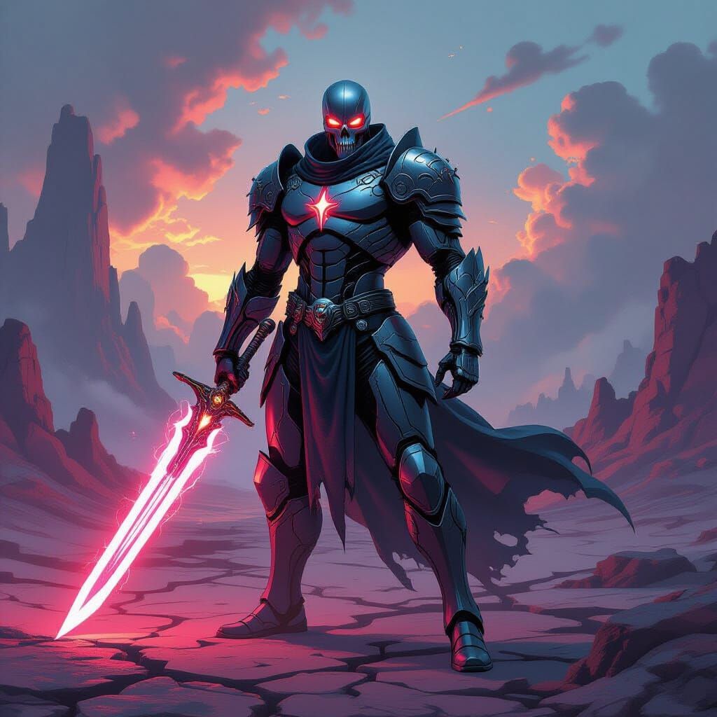 A powerful android warrior, clad in sleek, dark metal armor with subtle, glowing circuitry, stands defiantly on a cracked, surreal landscape...