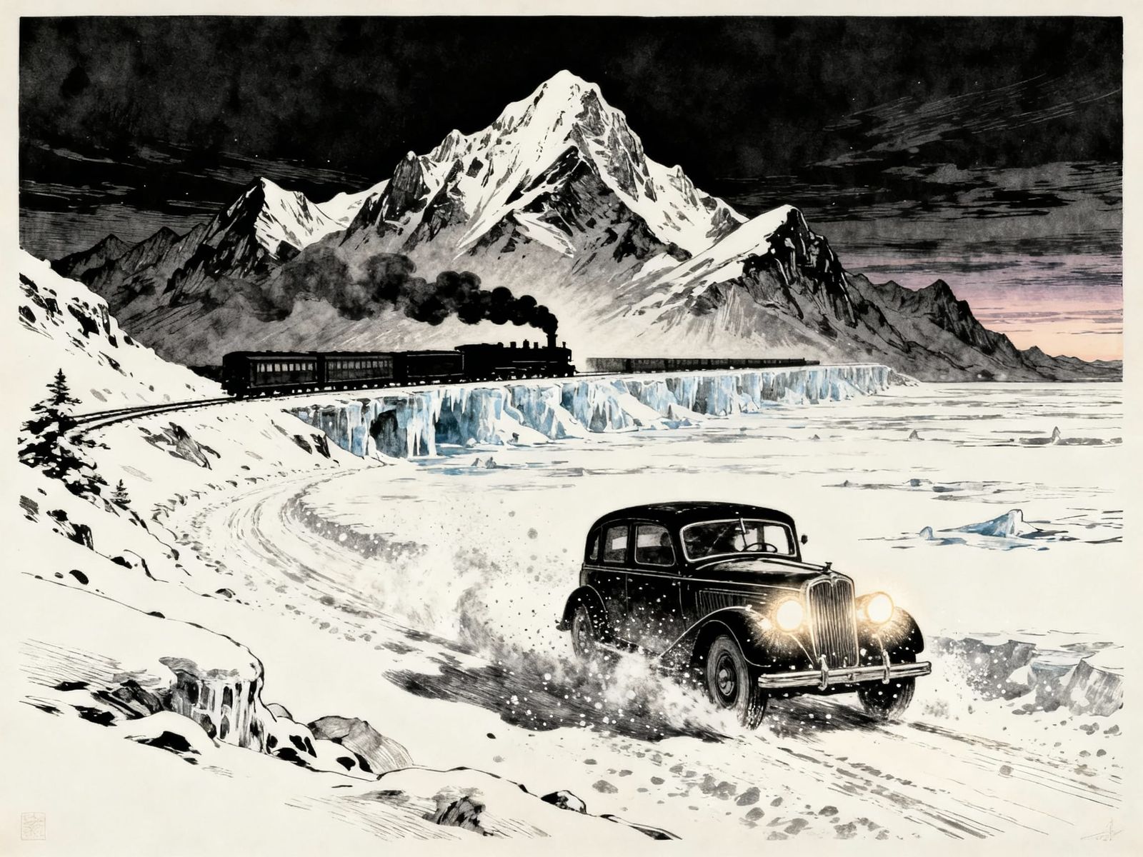 Majestic Steam Train & Vintage Car in Snowy Twilight