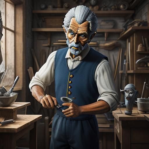 Geppetto and Pinocchio in the workshop, intricate, sharp foc...