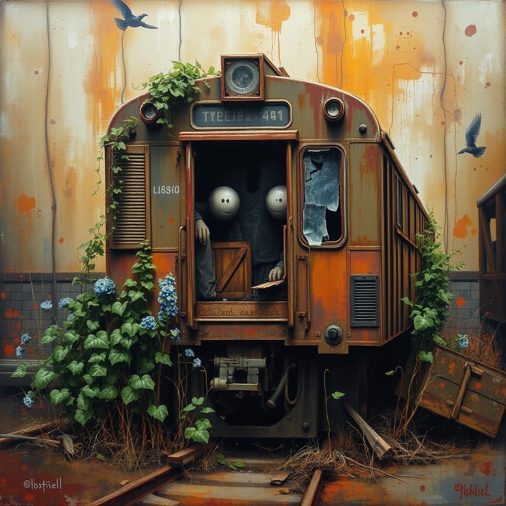 Melancholic Rusted Train Carriage in Abstract Industrial Yar...