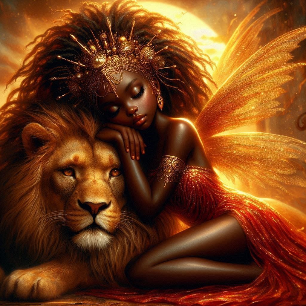 An African fairy princess resting on a lion