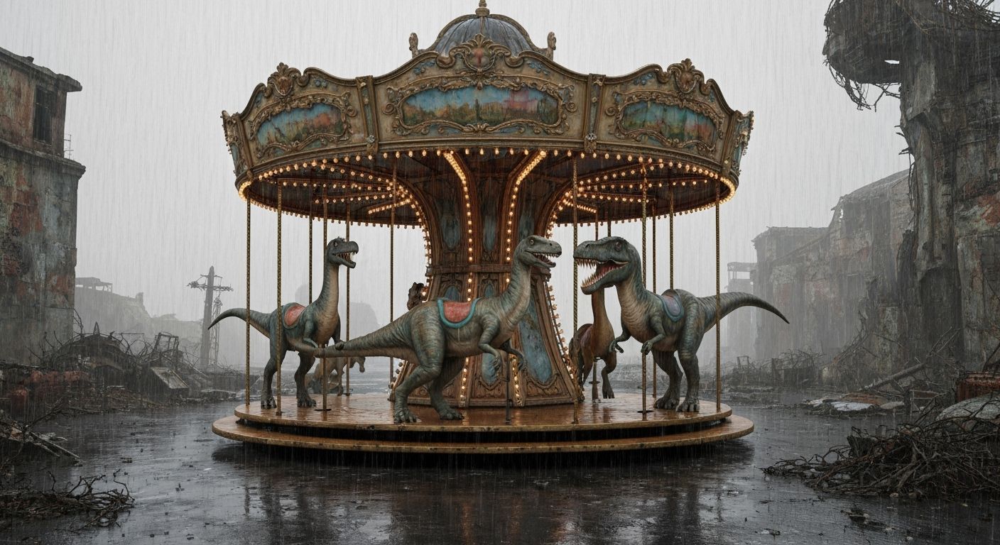 A wonderful carousel with dinosaurs in a post apocalyptic environment, rainy day  by @Athanasius
