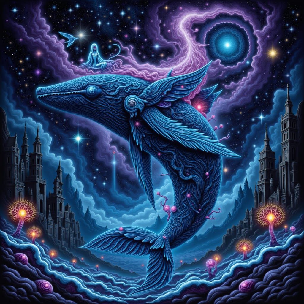 <lora:Faenyx:1.0> A majestic, celestial whale breaching from a sea of pure starlight, its form intricately carved like an ancient, celestial...