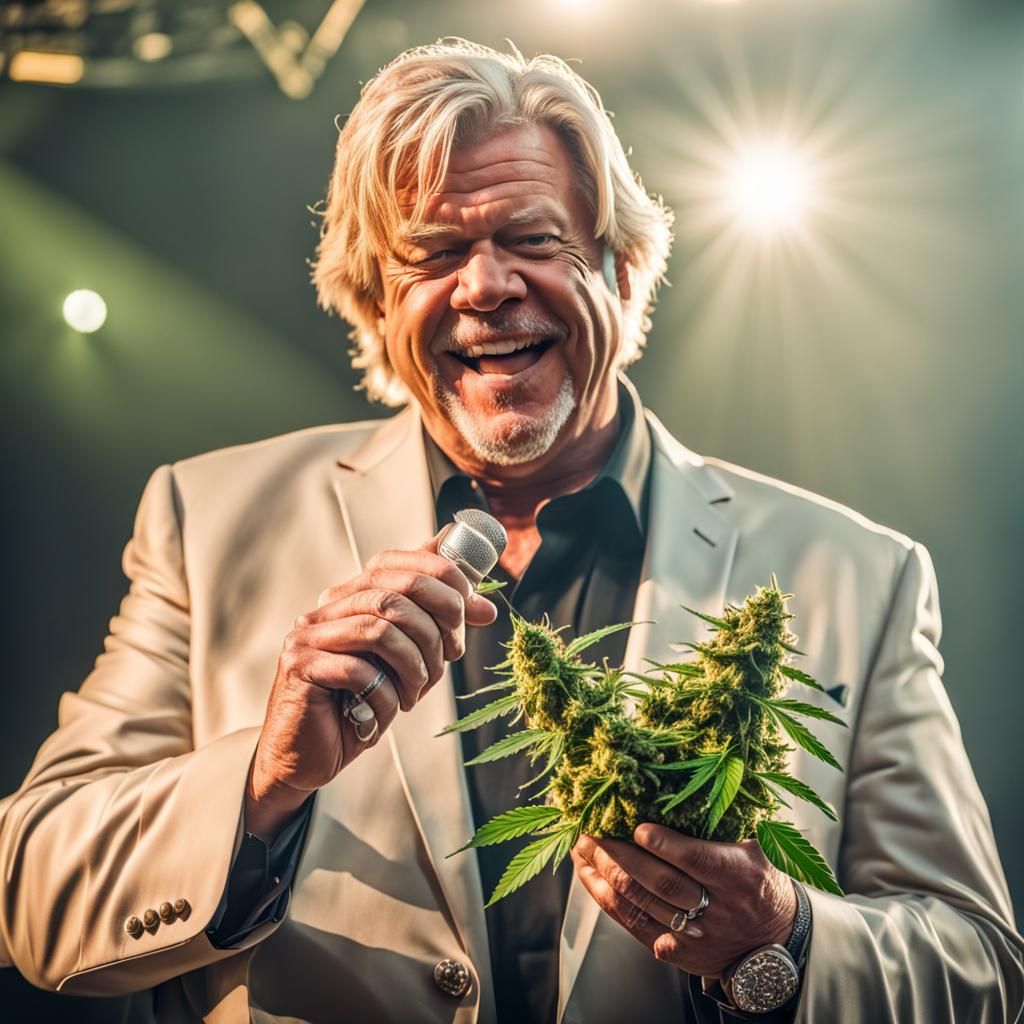 Comedian Ron White holding a bundle of cannabis buds on stag...