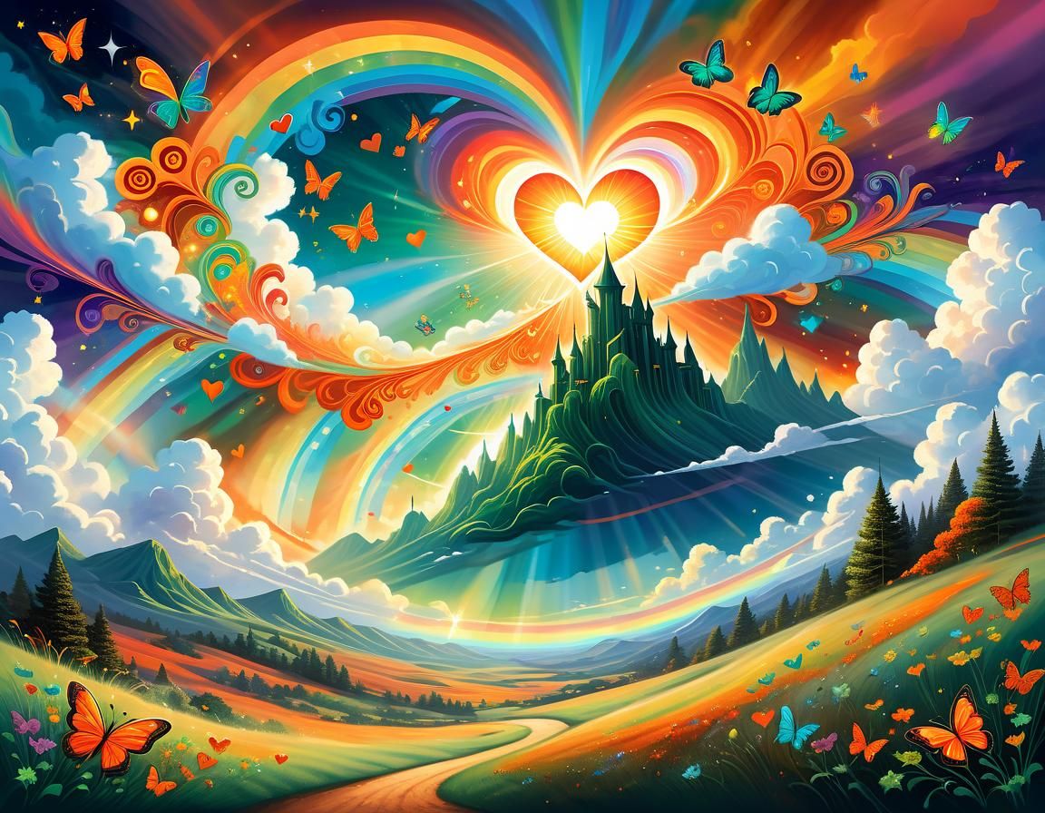 A bright heavenly setting in the sky, with various shades of burnt orange and dark green as the color scheme. Fancy psychedelic swirly heart...