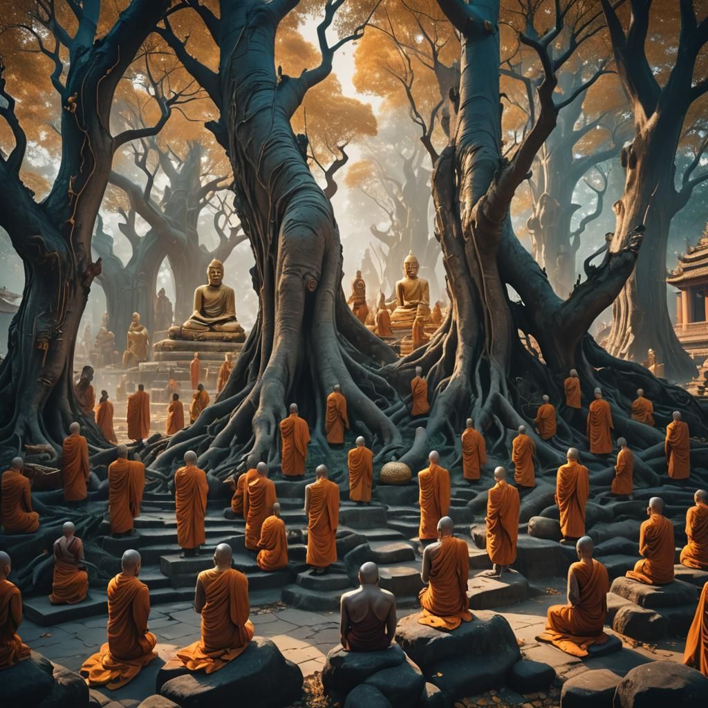 Surreal Buddhist Fantasy Art: Monks in Dreamlike Environment