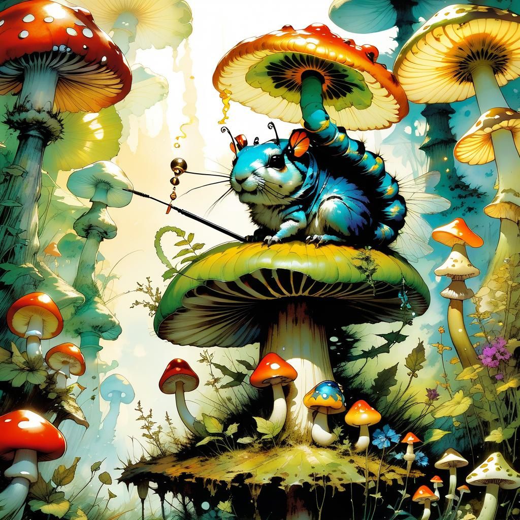 Smoking Caterpillar on a mushroom - not sure that's a caterp...