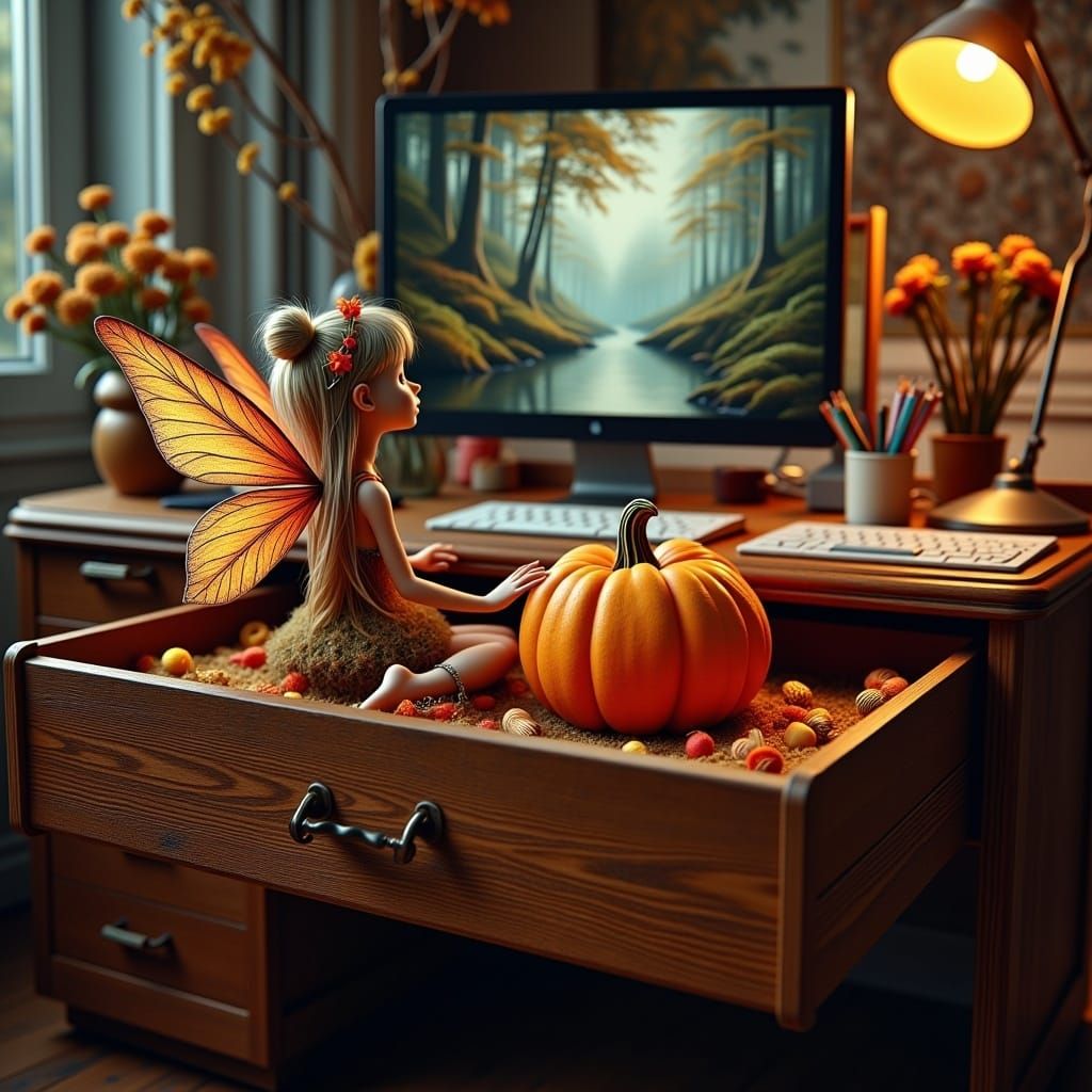 A whimsical and enchanting scene featuring a small female fairy sitting in front of a pumpkin, inside an open drawer of a sophisticated and...