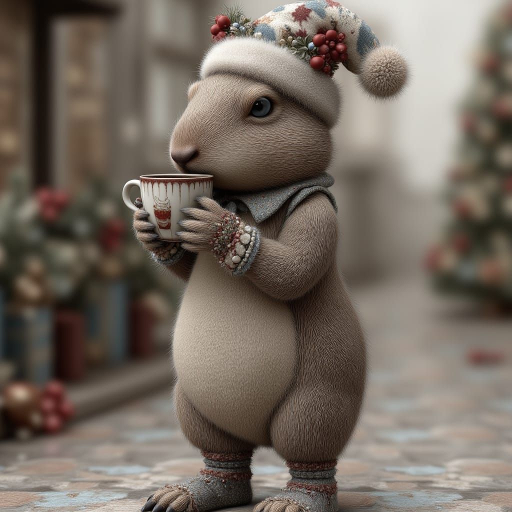<lora:HOLIDAY MAGIC:1.0> capybara, standing, drinking coffee