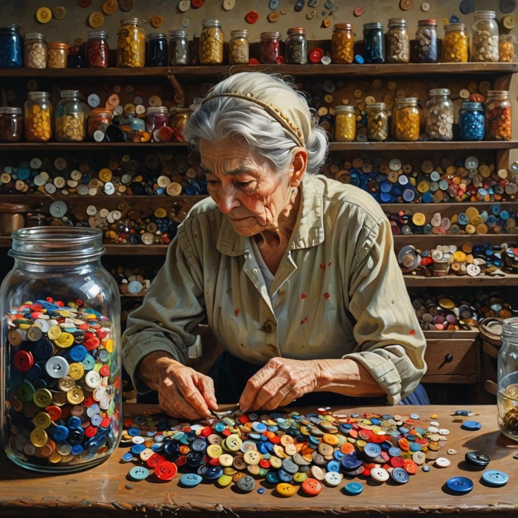 Old woman sorting the button jar  by @Daleone