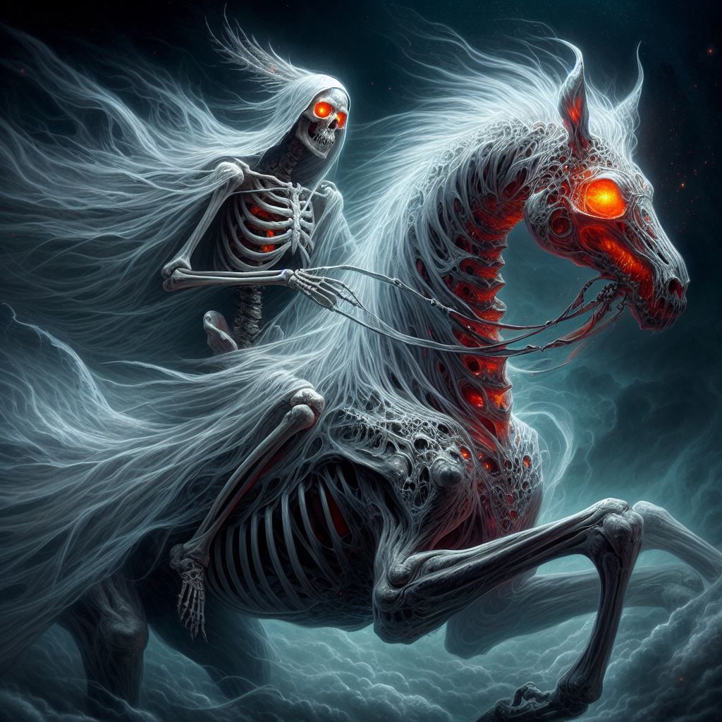 Skeleton wraith riding on the back of a white ghost horse with red ...