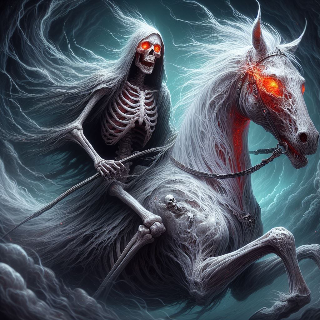 Skeleton wraith riding on the back of a white ghost horse with red ...