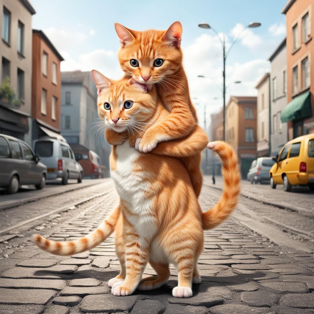 CAT hugging his best friend Ginger Cat, both standing on the...