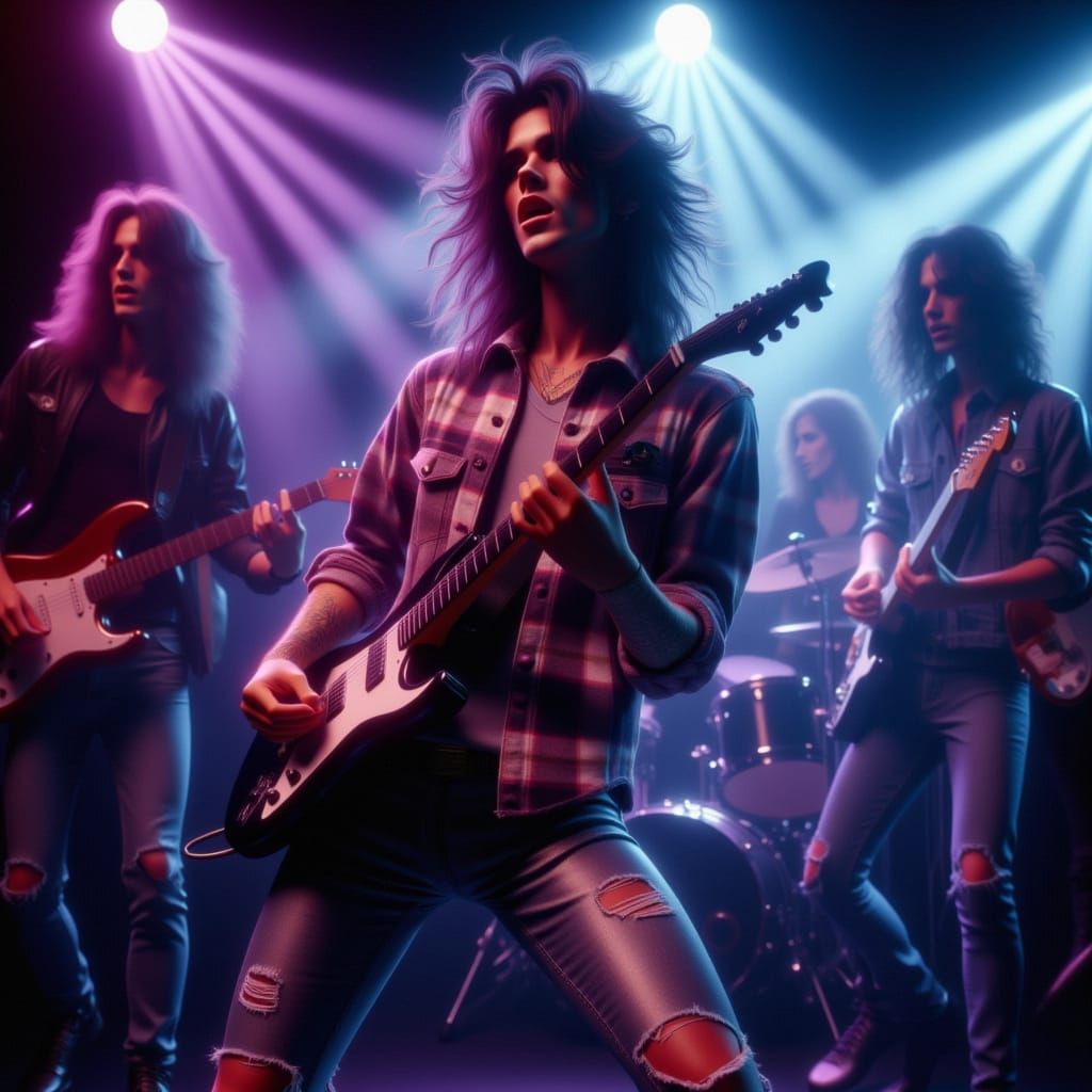 <lora:Rock Star:1.0> Hiroshi Nagai style Vaporwave image, featuring grungy rockstars performing on stage, an energetic male lead singer with...
