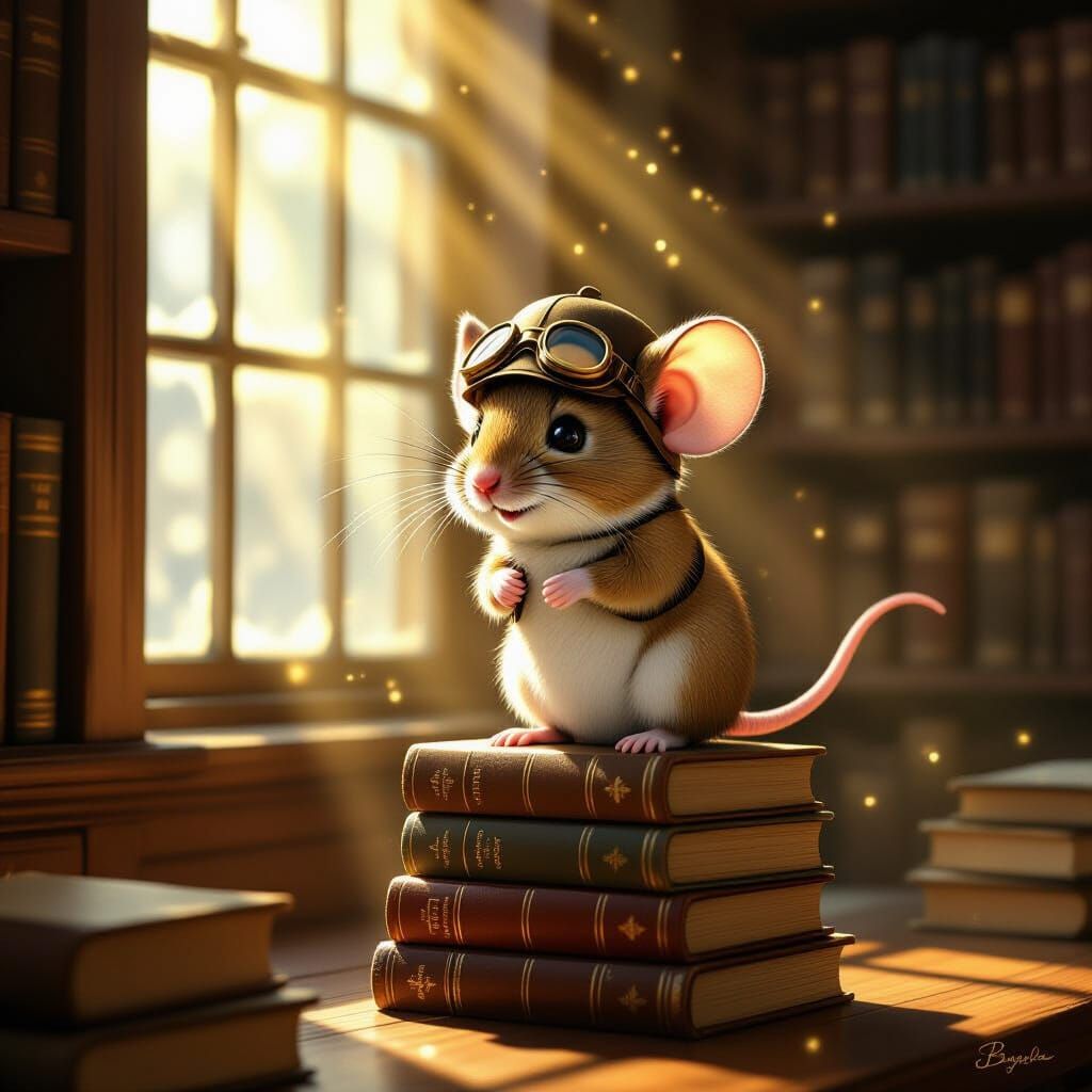 A whimsical anthropomorphic mouse wearing a tiny vintage pilot's cap and goggles, perched on a stack ...  by @MightyThor