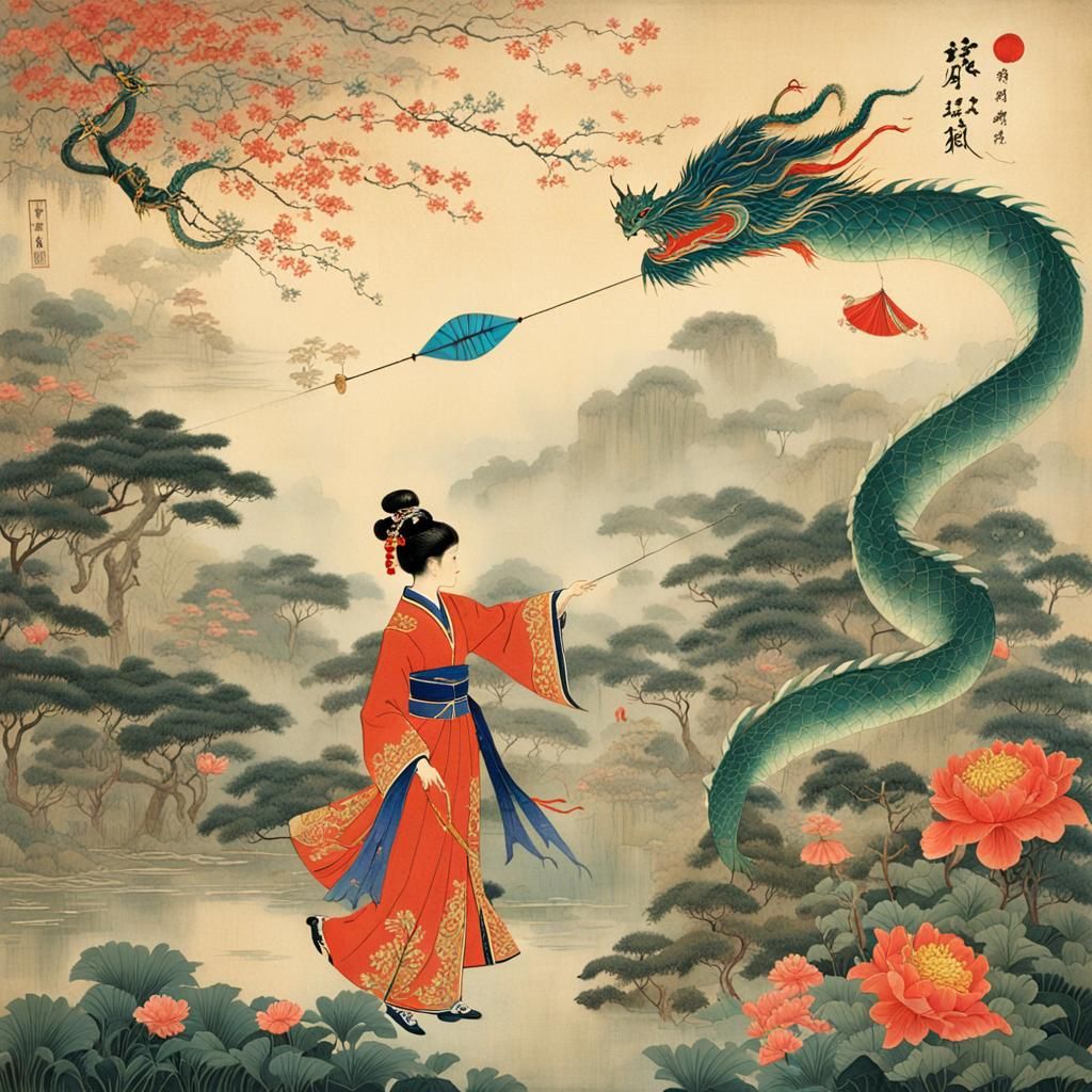 Elegant Lady Flying a Dragon Kite in Impasto Style