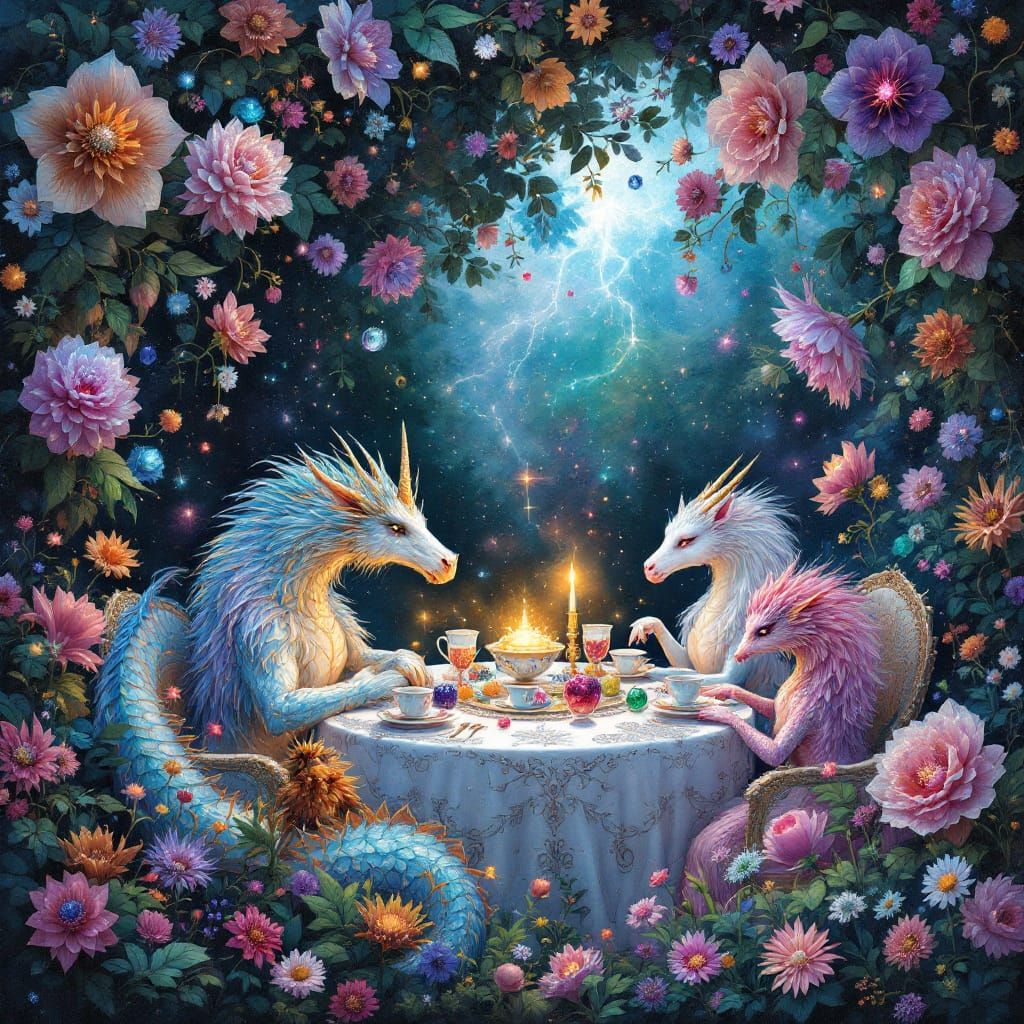 A surreal tea party in a garden where the flowers are made of precious gems and the guests are mythical creatures 8k resolution holographic...