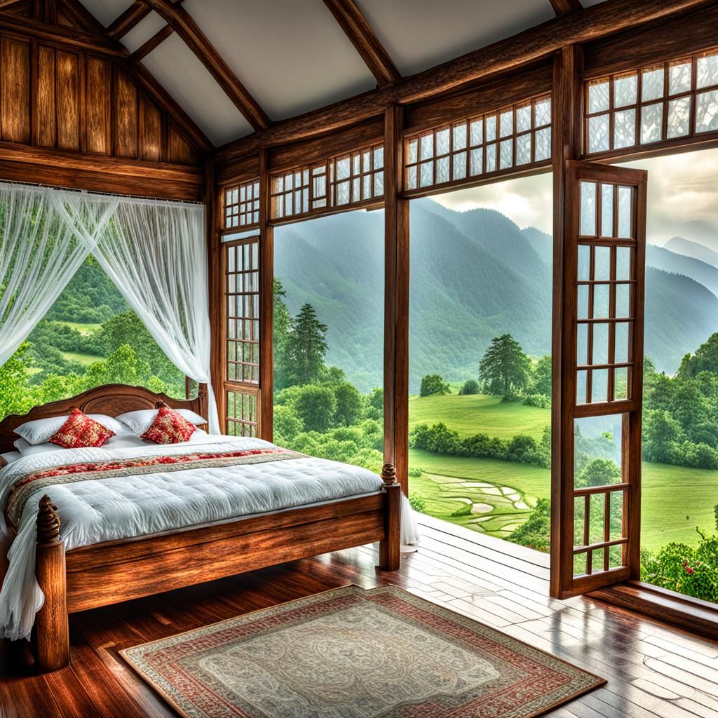 Festive Wedding Room with Mountain Cottage View