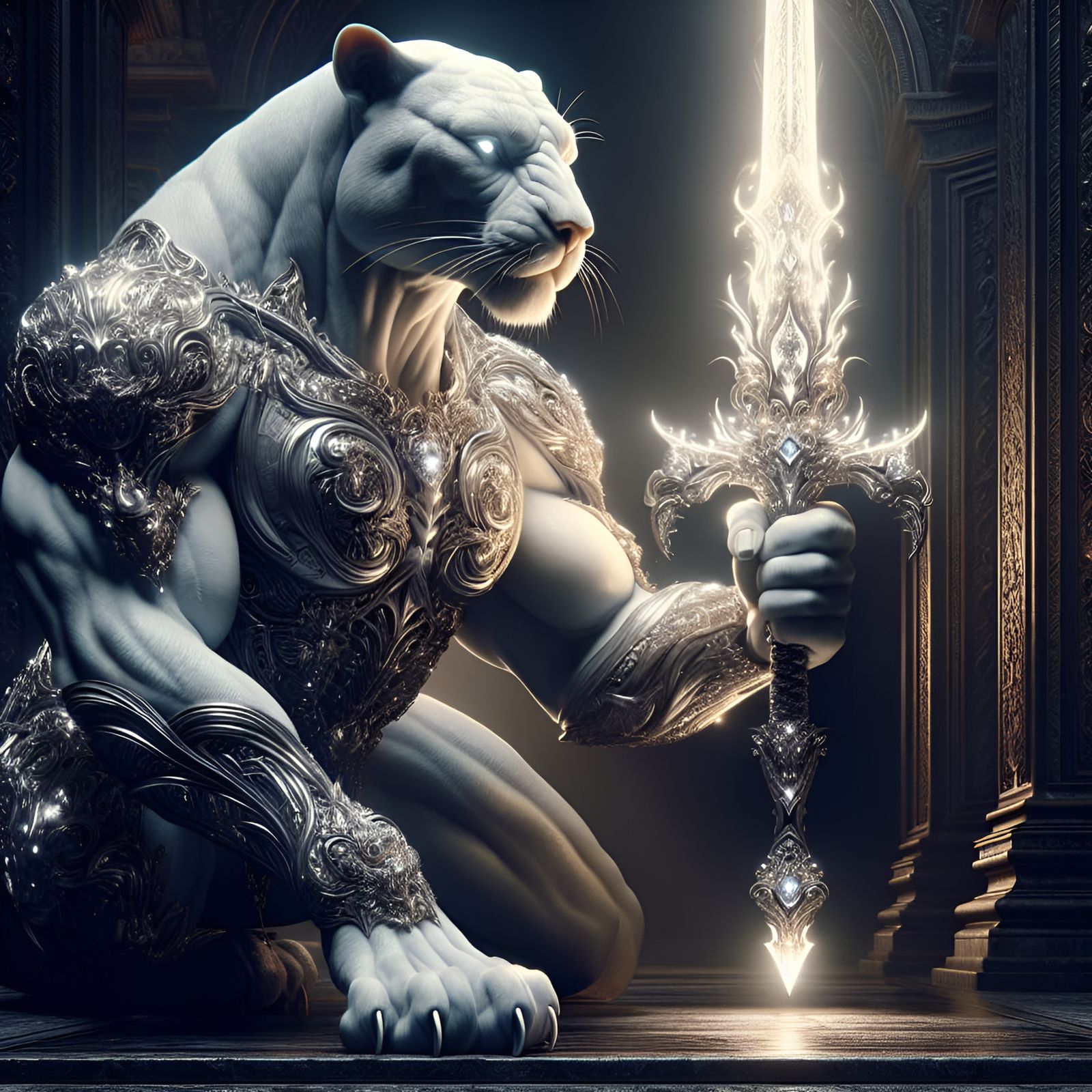 White Muscular Panther in stunning Armour holding a sword of light  by @KOSH