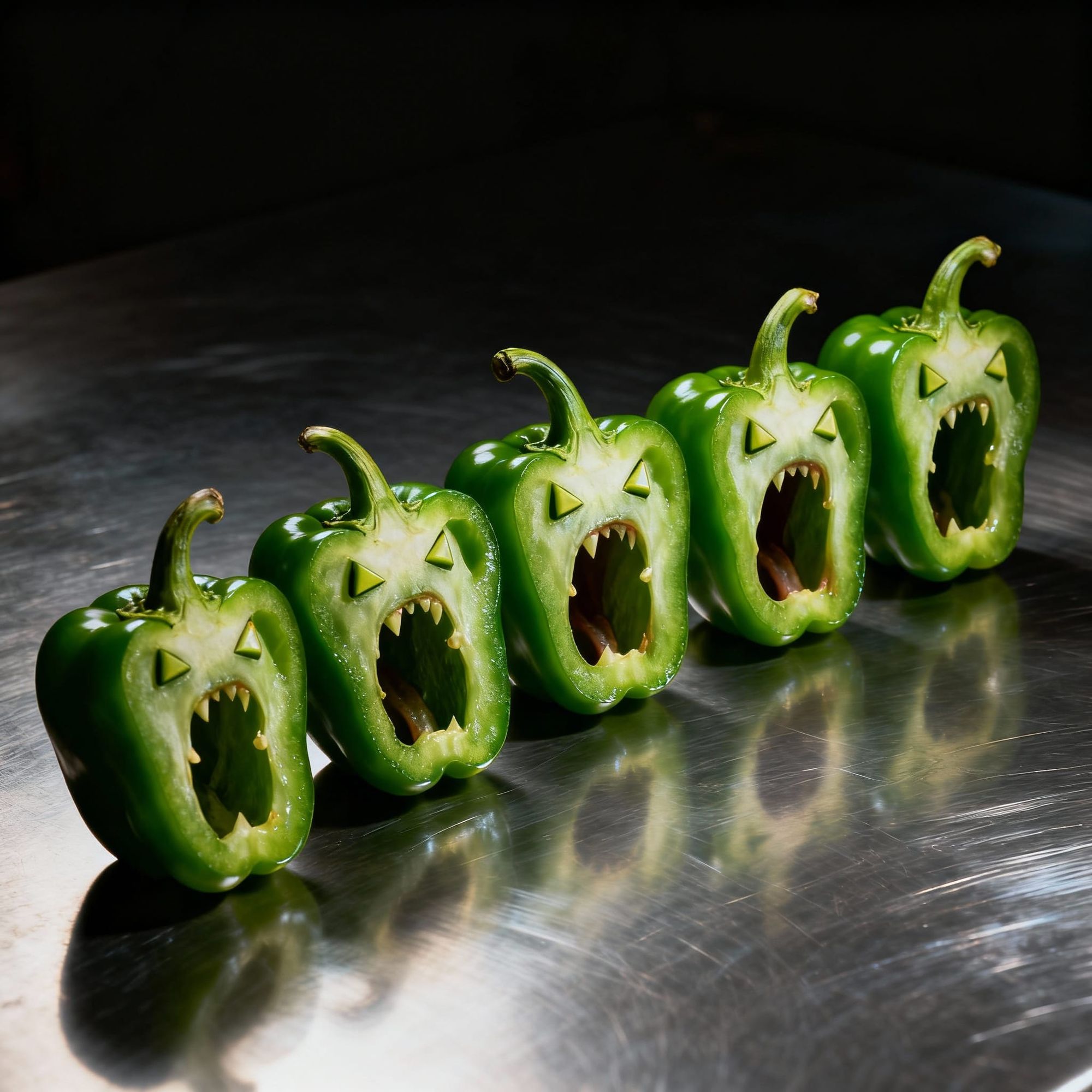 A whimsical still life of five green bell peppers cut in half, each one appearing to have expressive, monster-like faces with open mouths an...