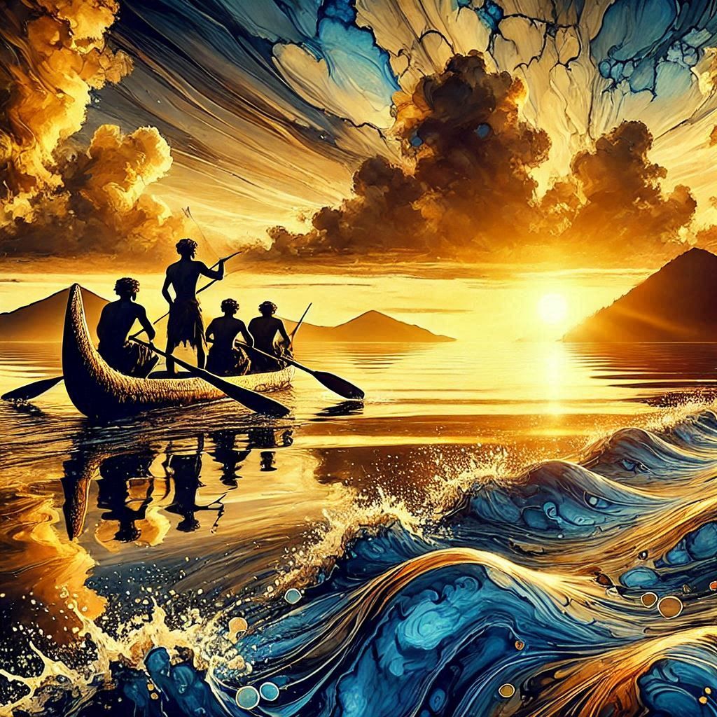 Kanak fishermen at setting sun