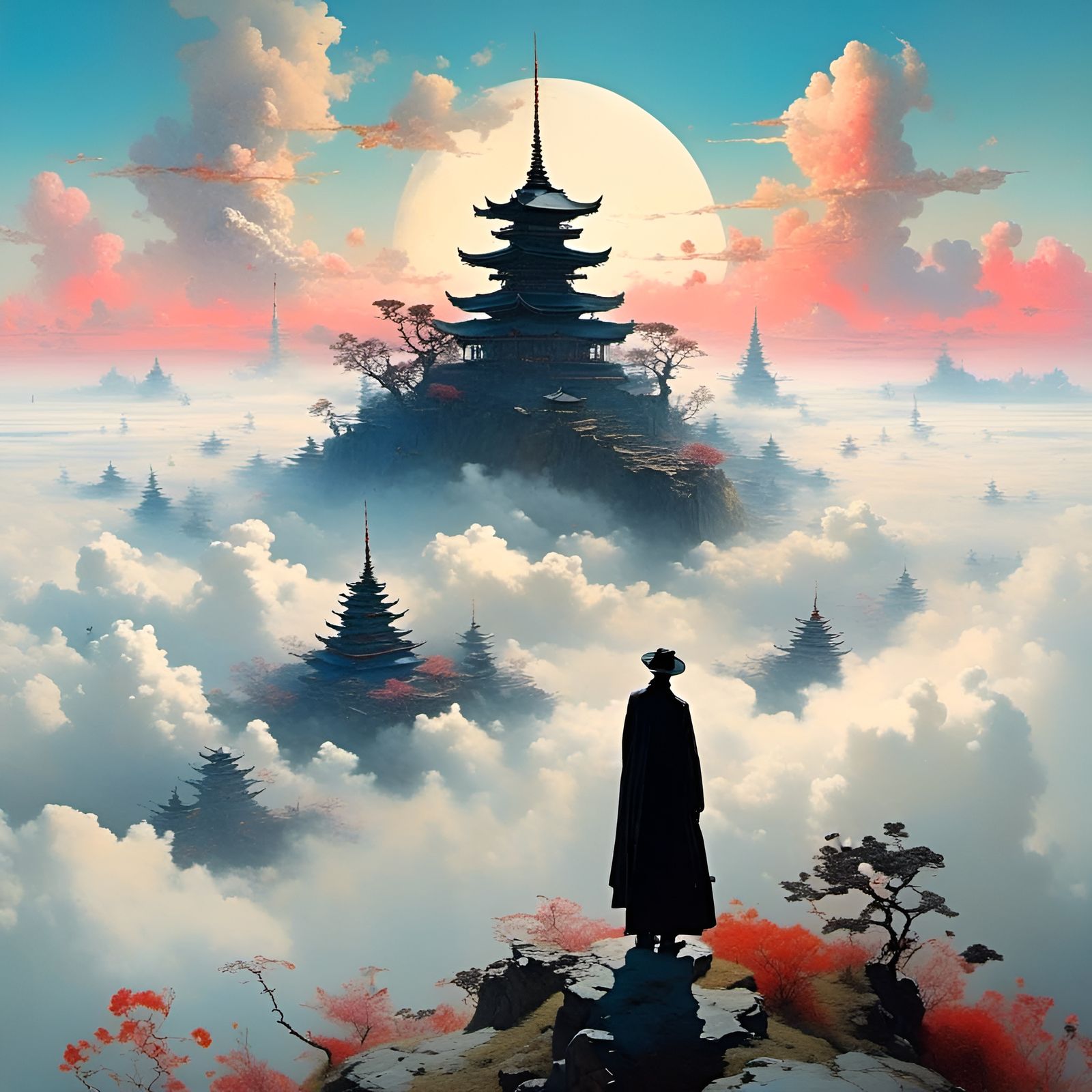 Silhouette contemplating a temple above the clouds! <lora:LapiSurreal:1.0> 