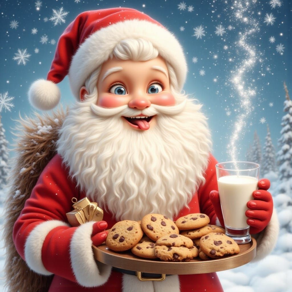 Joyful Santa Claus Enjoying Cookies and Milk
