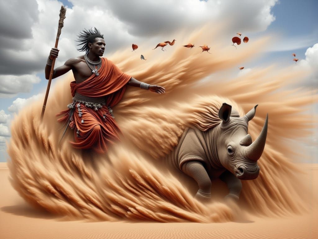  <lora:FiosWindsweptEcho:1.0> Kenyan Maasai Warrior and Rhino 