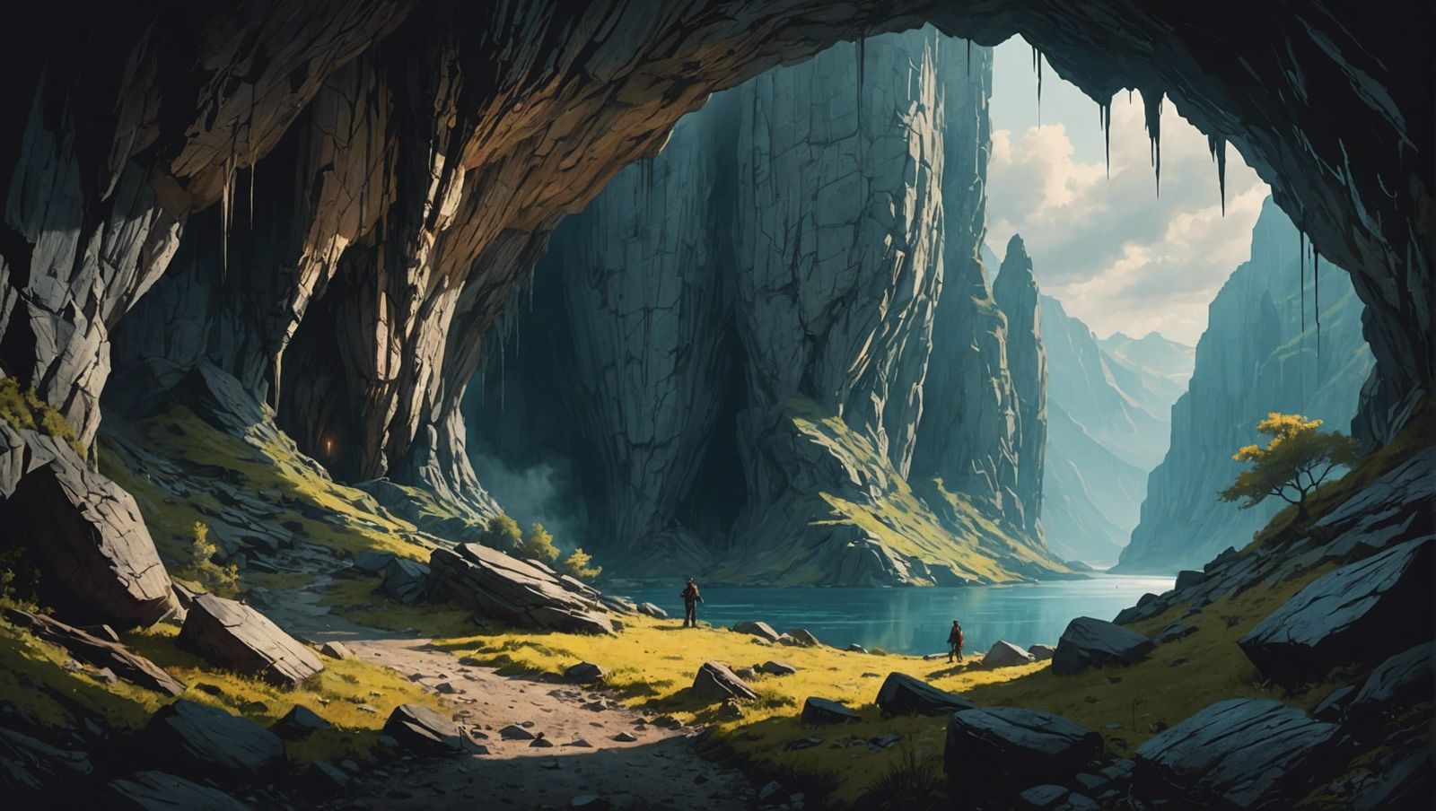 Detailed Mountain Cave in Watercolor Style