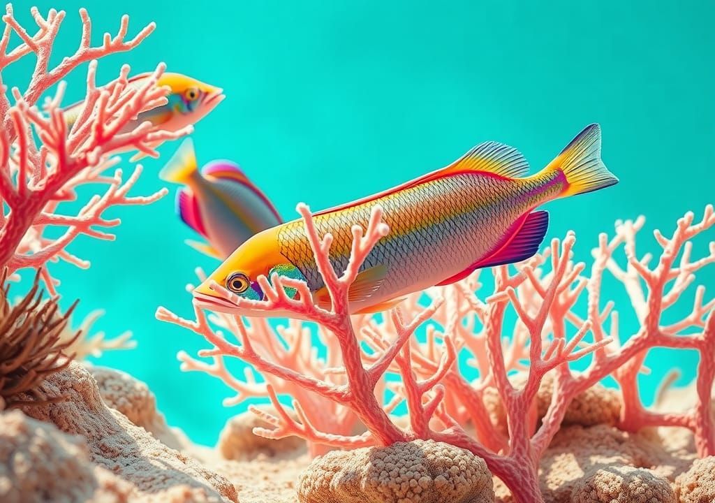 Colorful tropical fish swim among corals on the bottom of a ...