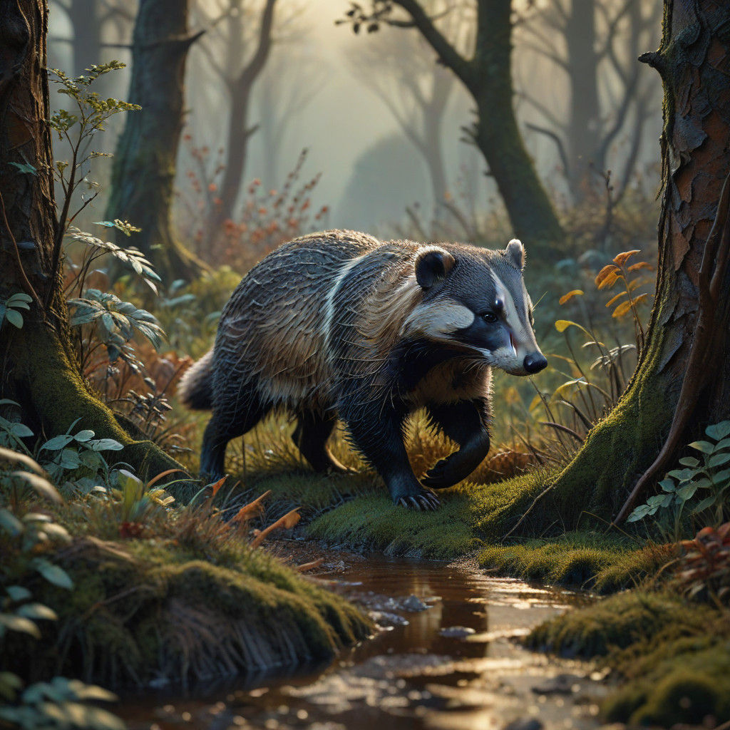 A beautiful intricate detailed wooded scene of a lone badger stomping through a copse. There is a real ...  by @Oma
