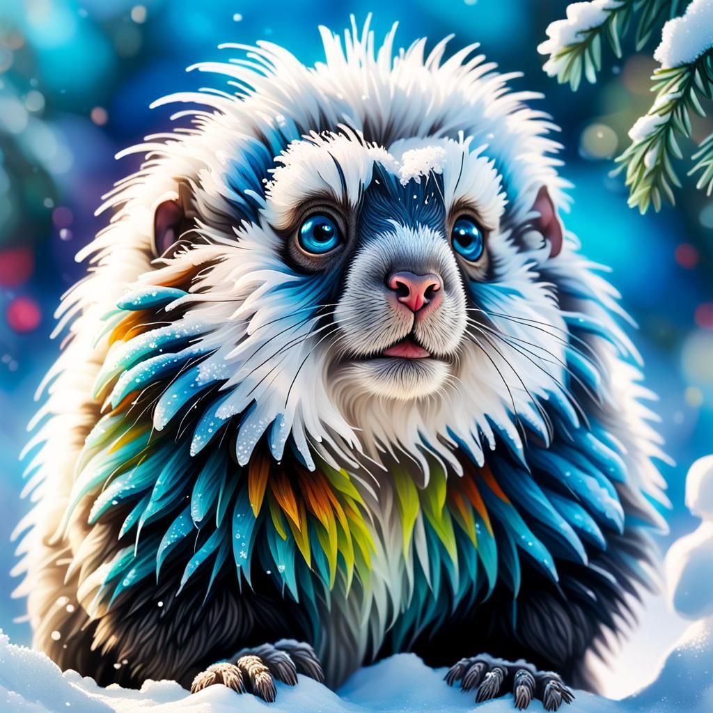 Snow Marmoset in Colorful Winter Scene