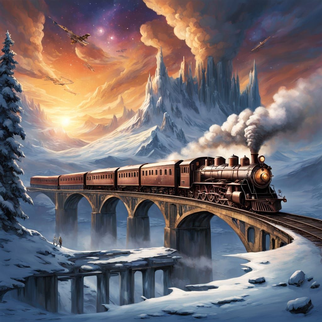 Ultra-Dramatic Fantasy Landscape – Sunset, Trains, Planes, Fog, and Mountains

A hyper-detailed fantasy painting, cinematic and epic, painte...