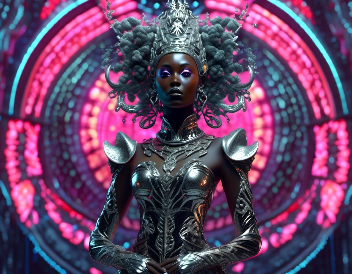 "rococo horrorcore"; full body ethereal black goddess wearing elaborate porcelain and silver helmet with sparkles and swirling tendrils; sil...